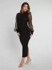 SHEIN SXY Vestido de cuello alto de malla en contraste de manga farol bajo con abertura - Negro - Ver 4