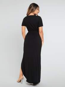 SHEIN SXY Plunge Neck Split Thigh Dress - Black - View 2