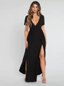 SHEIN SXY Plunge Neck Split Thigh Dress - Black - View 3