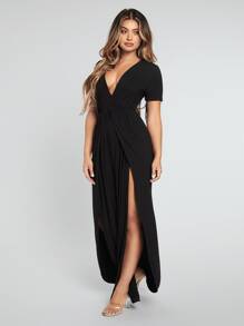 SHEIN SXY Plunge Neck Split Thigh Dress - Black - View 4