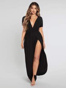 SHEIN SXY Plunge Neck Split Thigh Dress - Black - View 5