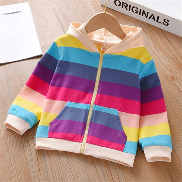 

Toddler Girls Rainbow Striped Kangaroo Pocket Zip-up Hoodie, Multicolor