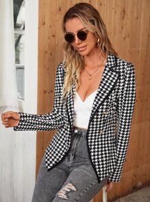 SHEIN Clasi Houndstooth Double Breasted Contrast Binding Coat - Black and White - View 1
