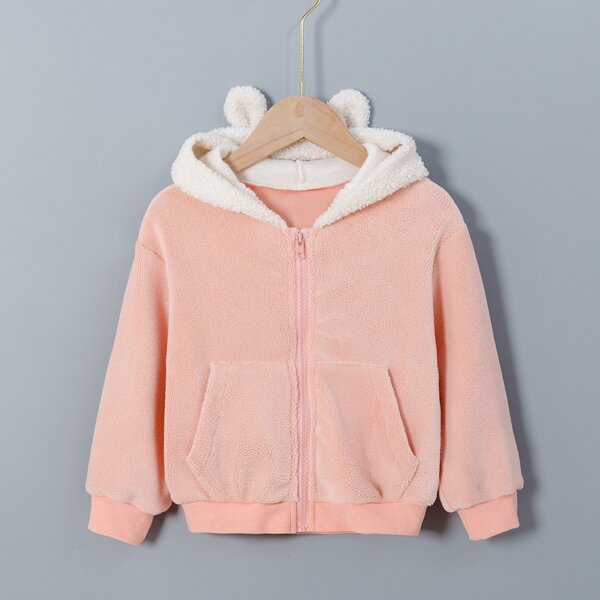 

Toddler Girls Kangaroo Pocket 3D Patched Hooded Flannel Jacket, Coral pink