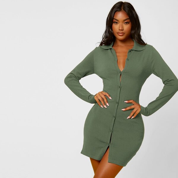 

Button Up Bodycon Sweater Dress, Army green