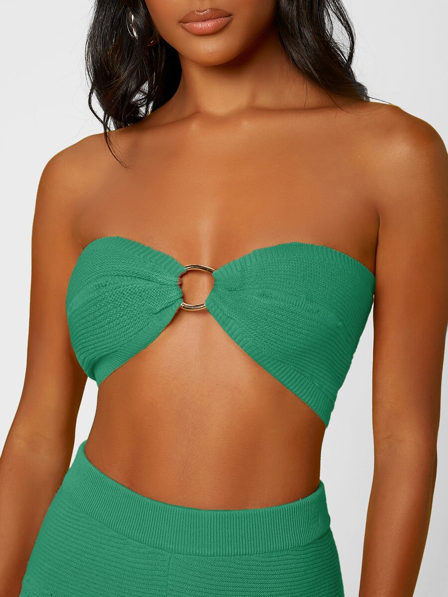SHEIN 1pc Ring Linked Crop Knit Tube Top - Green - View 1