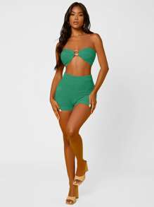 SHEIN 1pc Ring Linked Crop Knit Tube Top - Green - View 3