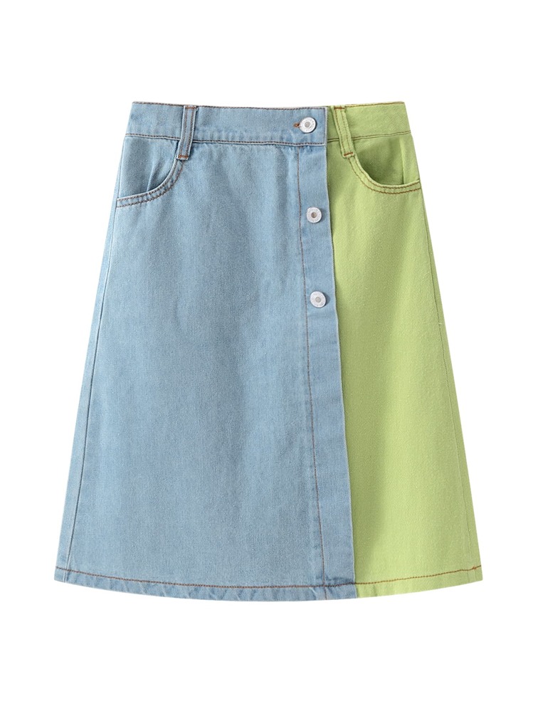 Niñas Falda en mezclilla de color combinado con bolsillo oblicuo - Multicolor - Añade 1