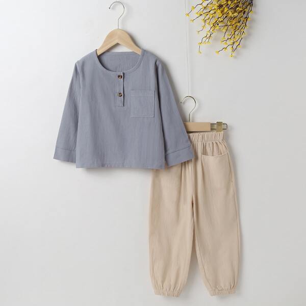 

Toddler Boys Half Button Pocket Patched Top & Sweatpants, Multicolor