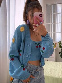 SHEIN Unity Cherry Pattern Cardigan With Cami Knit Top - Blue - View 1
