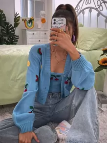 SHEIN Unity Cherry Pattern Cardigan With Cami Knit Top - Blue - View 3