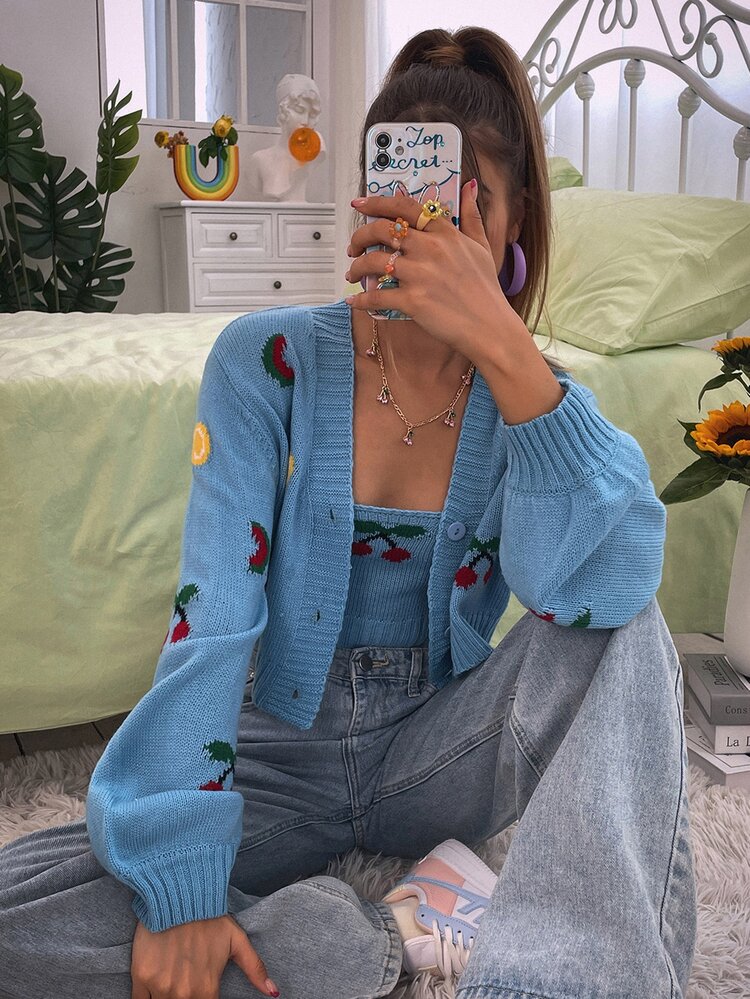 SHEIN Unity 櫻桃圖案開襟衫帶吊帶內搭針織上衣 - 藍色 - 查看 3