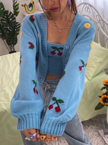 SHEIN Unity Cherry Pattern Cardigan With Cami Knit Top - Blue - View 4