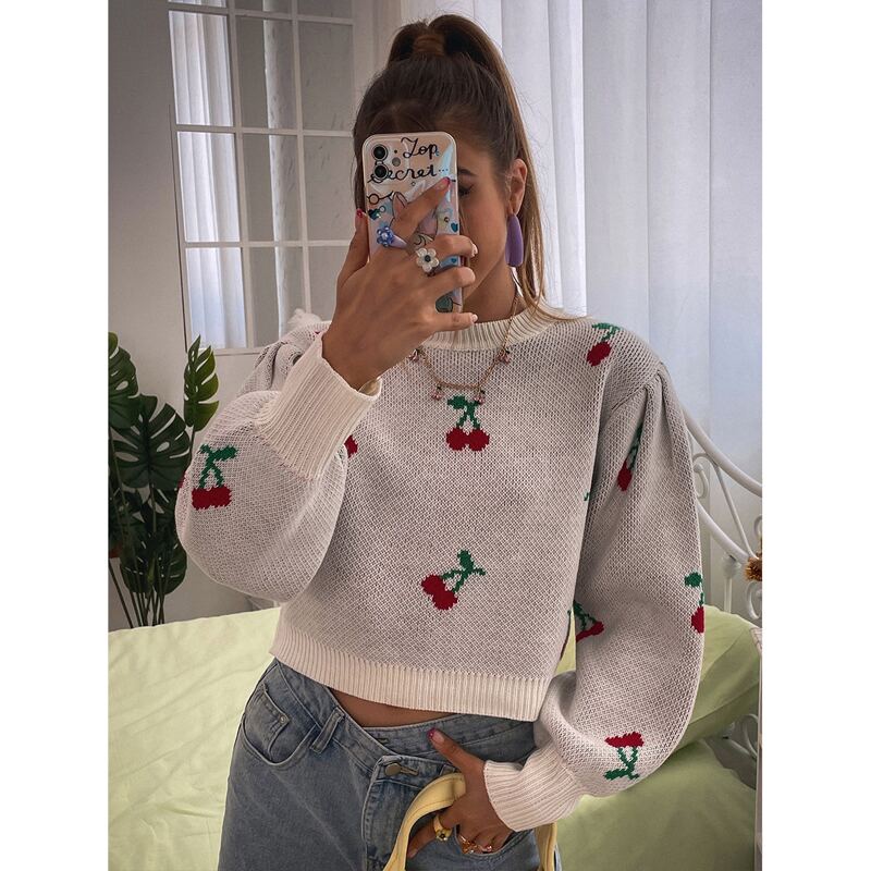 

Cherry Pattern Contrast Trim Drop Shoulder Sweater, White