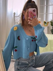 SHEIN Unity Cherry Pattern Cardigan With Cami Knit Top - Blue - View 6