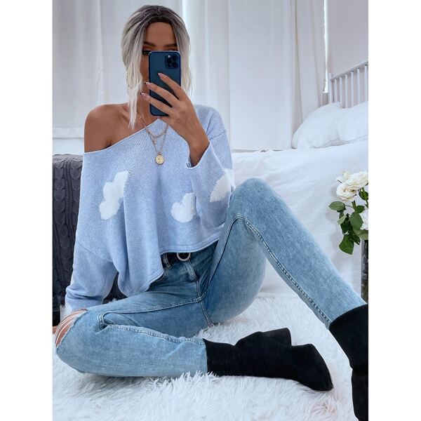 

Cloud Pattern Drop Sleeve Sweater, Blue and white