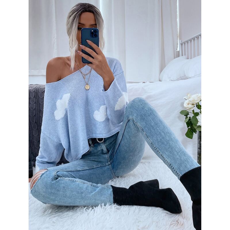 

Cloud Pattern Drop Sleeve Sweater, Blue and white