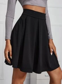 SHEIN Frenchy 拉链侧纯色褶皱裙，女士休闲拉链短款宽松高腰黑色纯色女裙，春夏，休闲日常穿着 - 黑色 - 查看 1