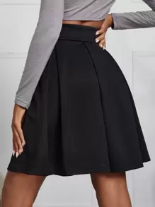 SHEIN Frenchy 拉链侧纯色褶皱裙，女士休闲拉链短款宽松高腰黑色纯色女裙，春夏，休闲日常穿着 - 黑色 - 查看 2