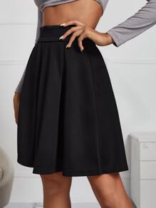 SHEIN Frenchy 拉链侧纯色褶皱裙，女士休闲拉链短款宽松高腰黑色纯色女裙，春夏，休闲日常穿着 - 黑色 - 查看 3