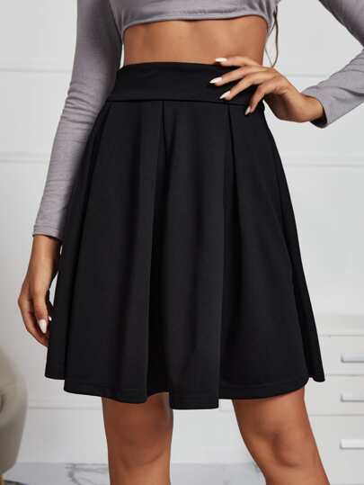 SHEIN Frenchy Zipper Side Solid Pleated Skirt,Ladies Casual Zipper Short Loose High Waist Black Plain Women Skirts,Spring/Summer,Casual Daily Wear