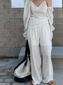 交疊細節闊腿褲 - 杏色 - 查看 1