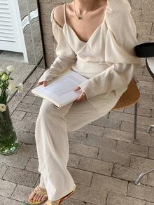 交疊細節闊腿褲 - 杏色 - 查看 2