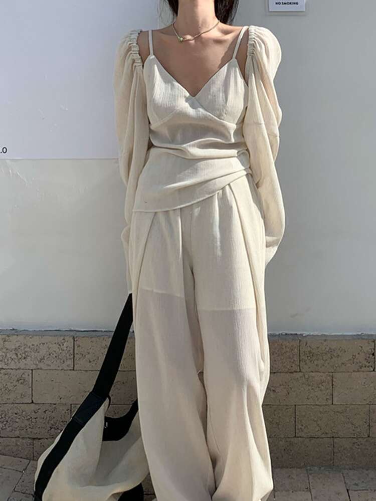 Overlap Detail Wide Leg Pants - Apricot - View 3