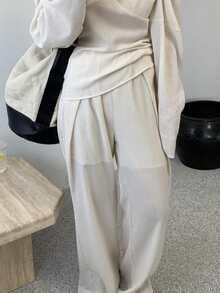 交疊細節闊腿褲 - 杏色 - 查看 4