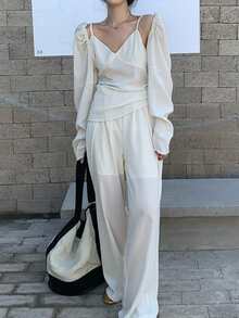 交疊細節闊腿褲 - 杏色 - 查看 5