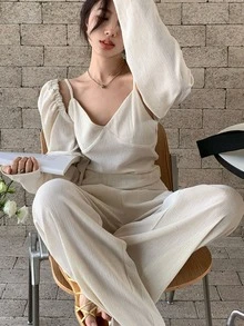 交疊細節闊腿褲 - 杏色 - 查看 7