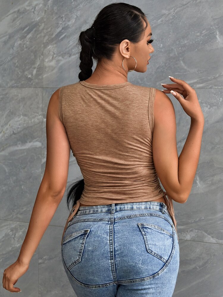 Drawstring Side Ruched Slim Fit Tank Top - Apricot - View 2