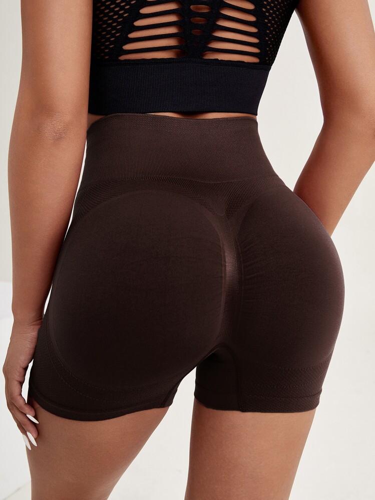 Scrunch Butt Wide Waistband Biker Shorts - Coffee Brown - View 1