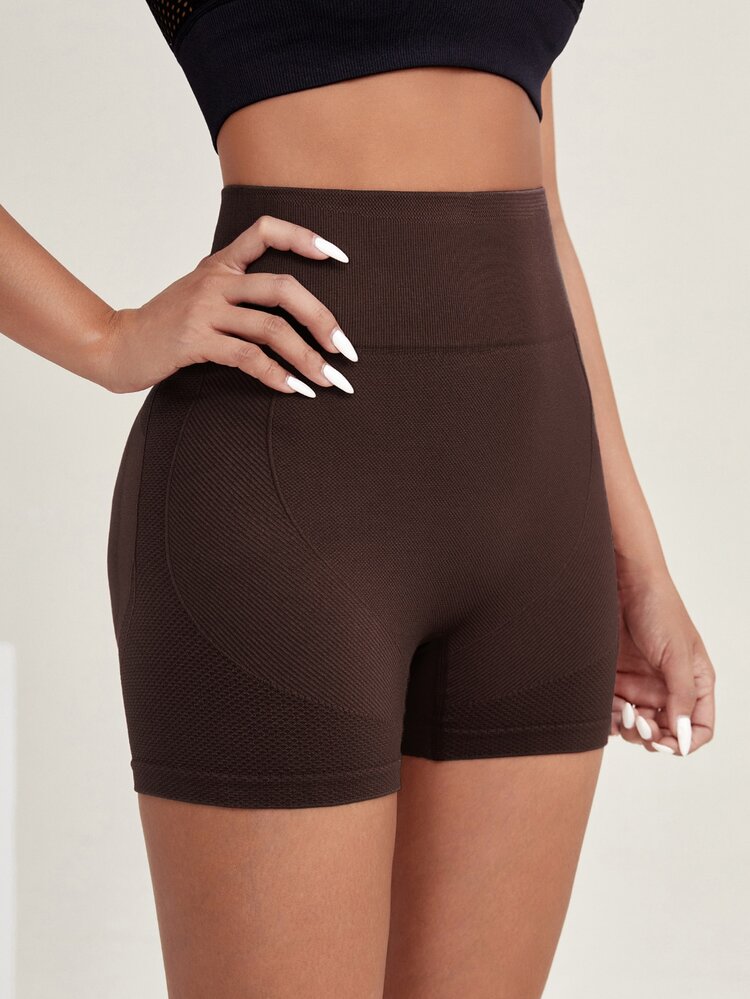 Scrunch Butt Wide Waistband Biker Shorts - Coffee Brown - View 5