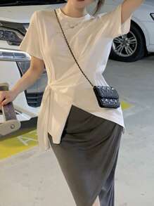 Solid Ruched Overlap Skirt - Dark Grey - View 1