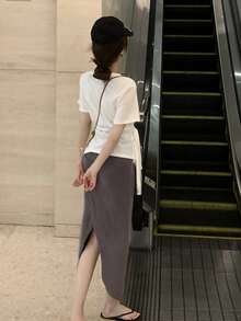 Solid Ruched Overlap Skirt - Dark Grey - View 2