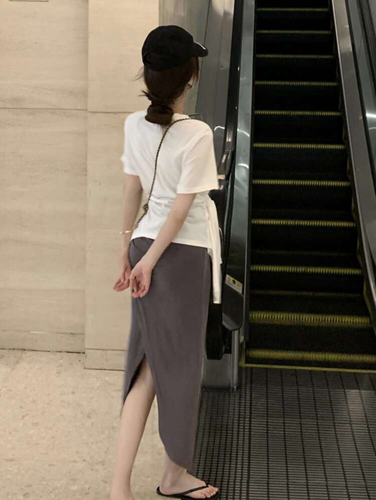 Solid Ruched Overlap Skirt - Dark Grey - View 2