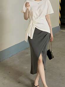 Solid Ruched Overlap Skirt - Dark Grey - View 3