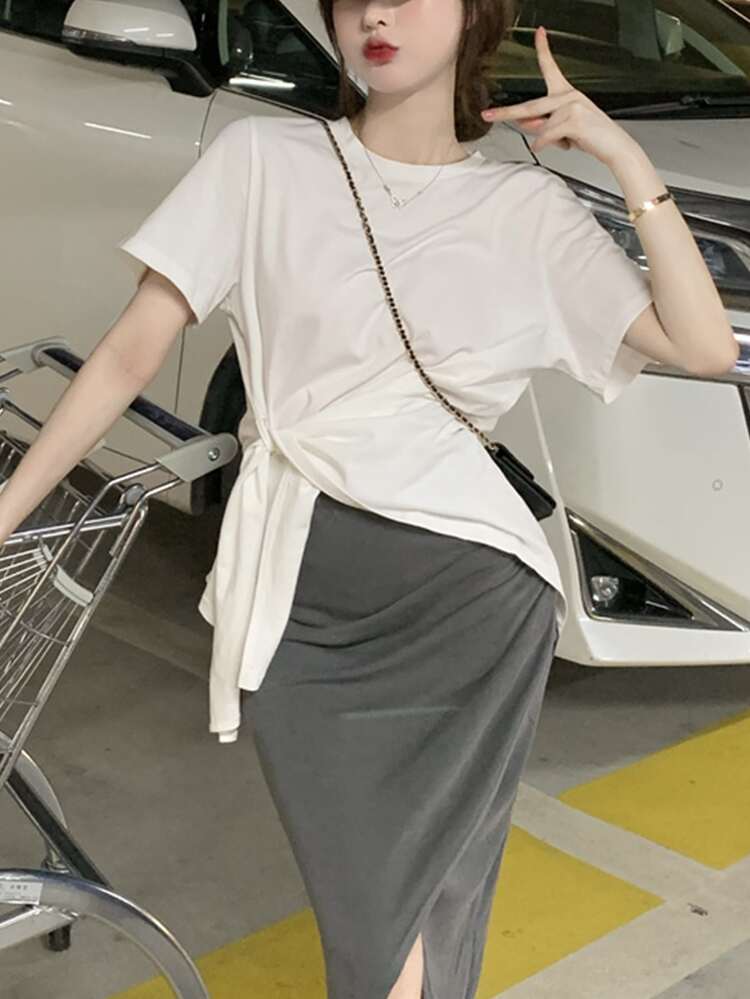 Solid Ruched Overlap Skirt - Dark Grey - View 4