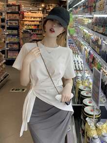 Solid Ruched Overlap Skirt - Dark Grey - View 6