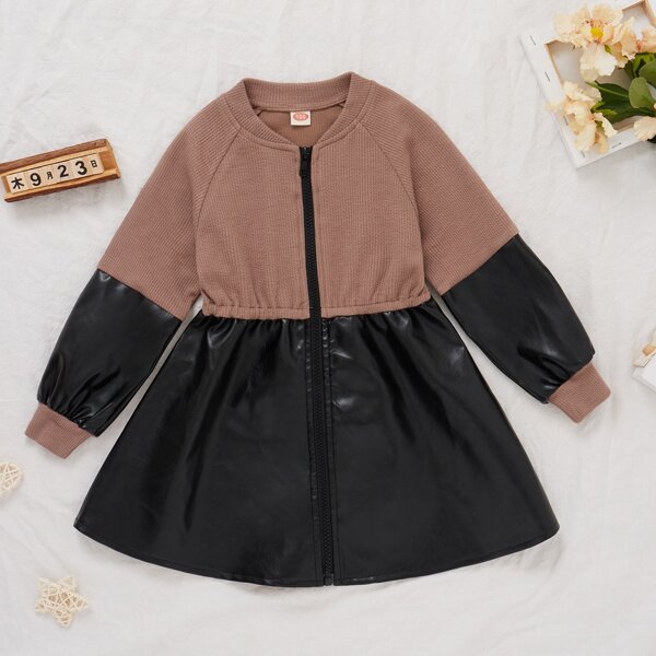 

Toddler Girls Contrast PU Leather Zip Up Coat, Multicolor