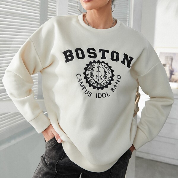 

Violin And Letter Embroidery Drop Shoulder Pullover, Apricot