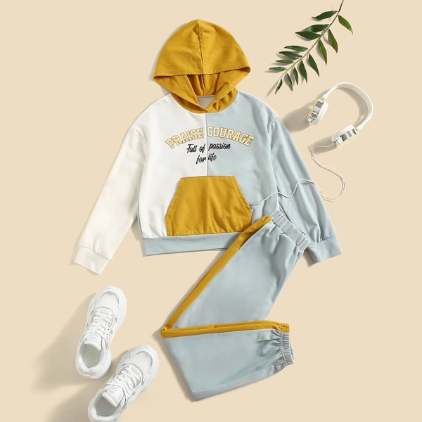 

Girls Slogan Graphic Color Block Hoodie & Contrast Side Seam Sweatpants, Multicolor