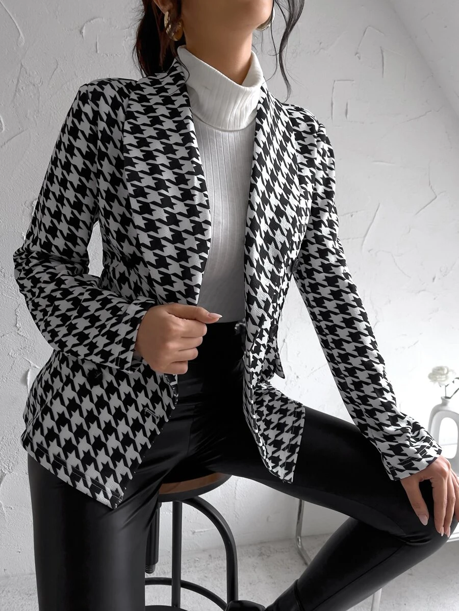 Houndstooth Print Double Breasted Blazer - Black and White - View 1