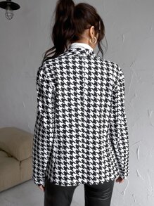Houndstooth Print Double Breasted Blazer - Black and White - View 2