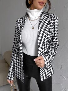 Houndstooth Print Double Breasted Blazer - Black and White - View 4