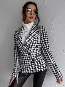 Houndstooth Print Double Breasted Blazer - Black and White - View 5