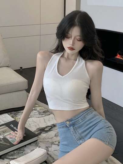 Solid Crop Halter Top