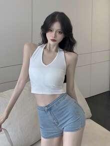 Solid Crop Halter Top - White - View 2