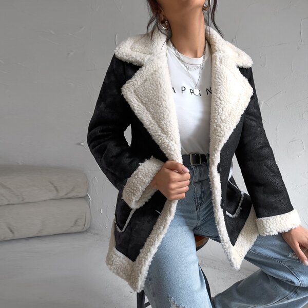 

PU Leather Teddy Lined Coat, Black